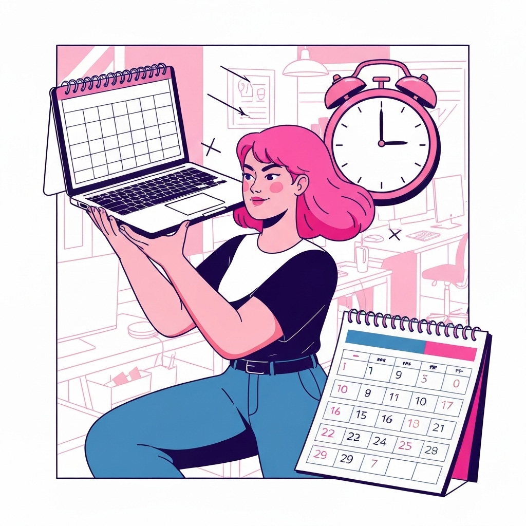 Illustration of balancing a full-time job and side business with calendar and laptop
